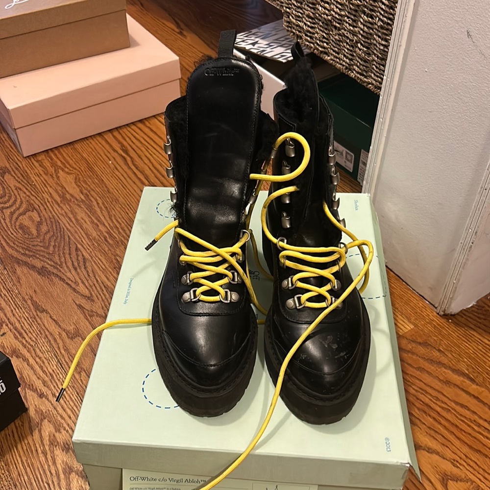 Off-White Black Leather Combat Ankle Boots with Yellow Laces